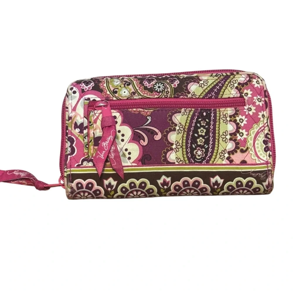 Vera Bradley Wallet Billfold Pink Multi Space Paisley Turn Lock Zip Around - Picture 2 of 4